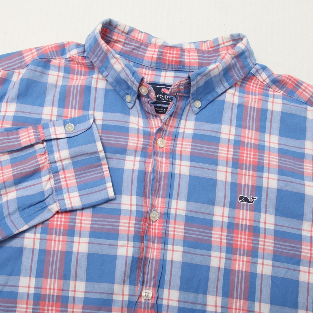 Vineyard Vines Shirt Mens XL Blue Pink Plaid Whale Shirt Button Down Cotton